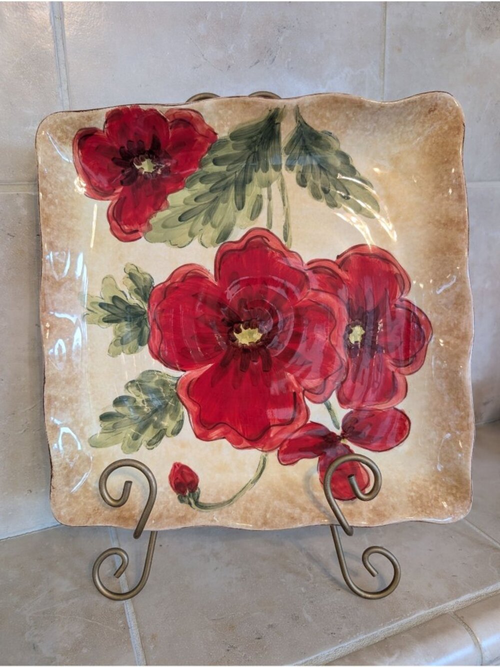 Maxcera "Poppies" 12" Hand-painted Square Dinner Plate 6 Available PPP